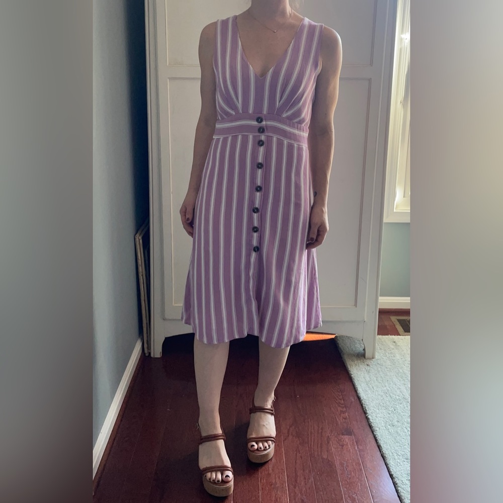 Lulus Jacqui Lavender and White Striped Button Front Midi Dress - Medium